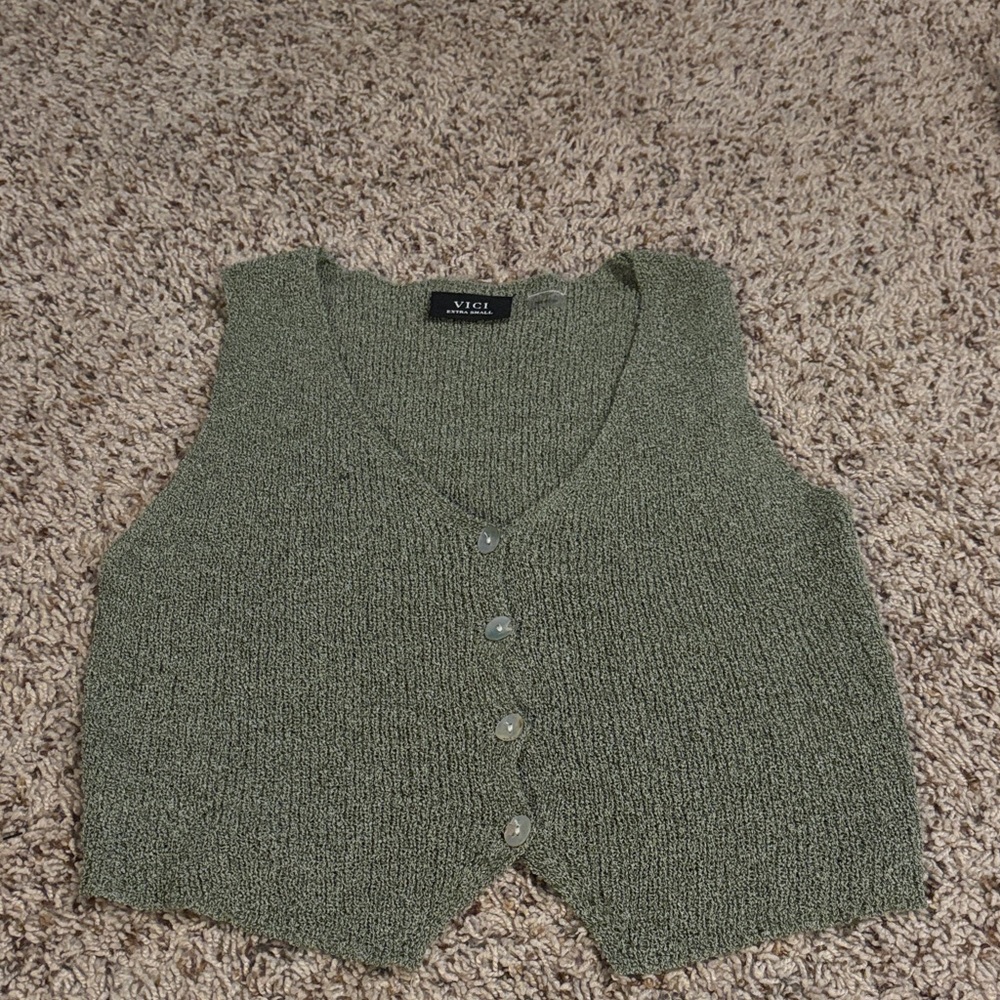 Green Knit Button-Up Vest